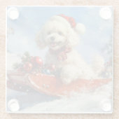 雪のクリスマスを許すそりのプードル犬 ガラスコースター (裏面)