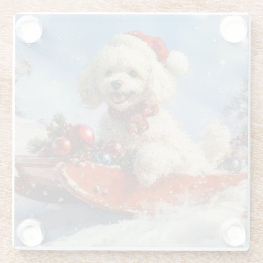雪のクリスマスを許すそりのプードル犬 ガラスコースター (裏面)