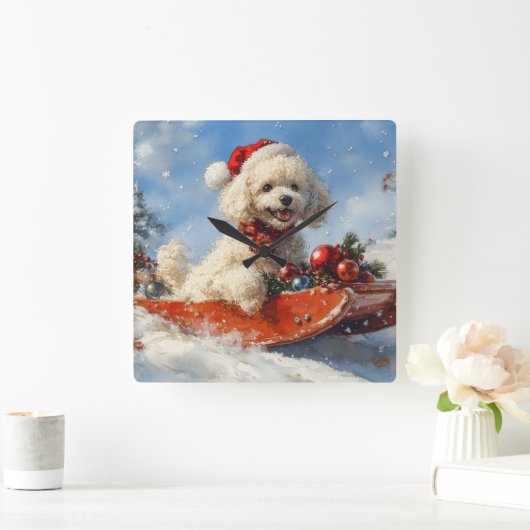 雪のクリスマスを許すそりのプードル犬 スクエア壁時計 (ホーム)