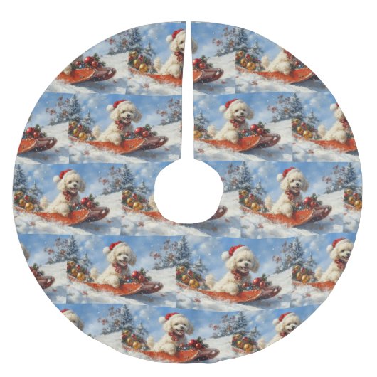 雪のクリスマスを許すそりのプードル犬 ブラッシュドポリエステルツリースカート (正面)