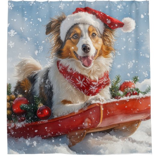 雪のクリスマスを許すそりのラフなコリー犬 シャワーカーテン (正面)