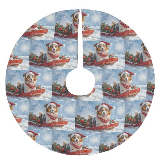 雪のクリスマスを許すそりのラフなコリー犬 ブラッシュドポリエステルツリースカート (正面)