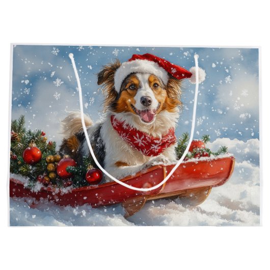 雪のクリスマスを許すそりのラフなコリー犬 ラージペーパーバッグ (裏面)