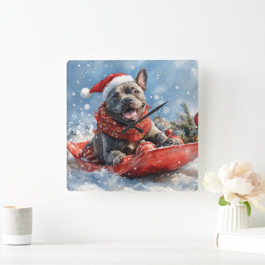 雪のクリスマスを許すそりの杖のコルソ犬 スクエア壁時計 (ホーム)