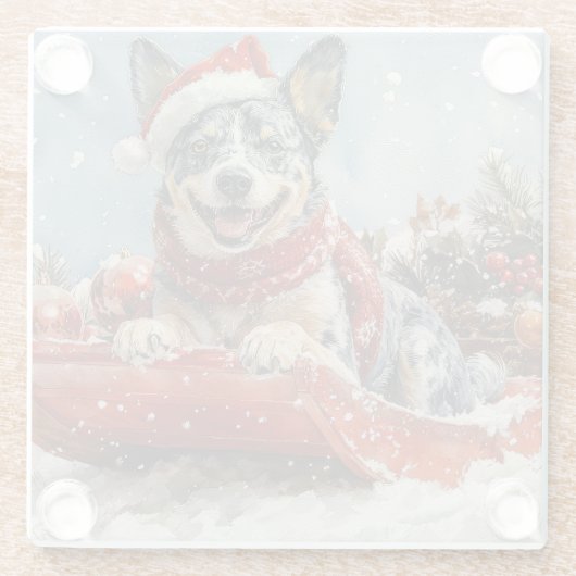 雪のクリスマスを許すそりの青いヒーラー犬 ガラスコースター (裏面)