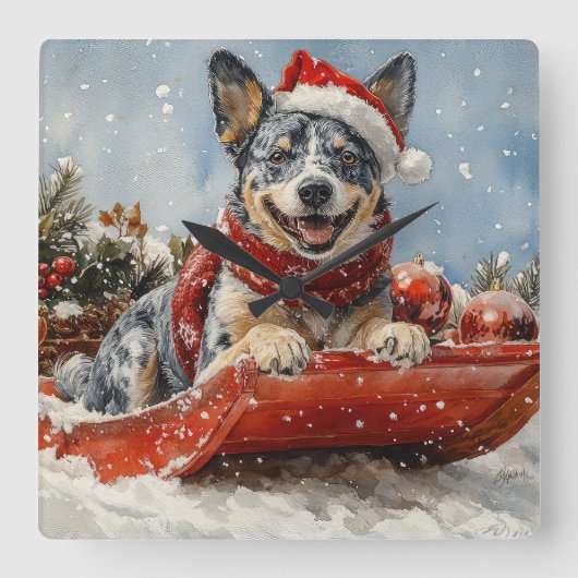 雪のクリスマスを許すそりの青いヒーラー犬 スクエア壁時計 (正面)