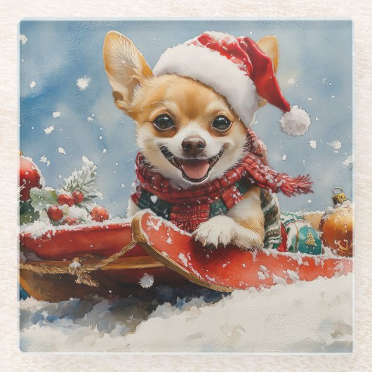 雪のクリスマスを許可するそりにチワホアドッグ ガラスコースター (正面)