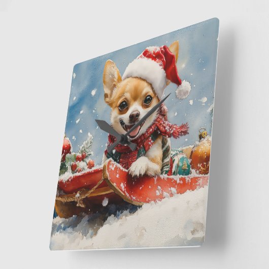 雪のクリスマスを許可するそりにチワホアドッグ スクエア壁時計 (傾斜)