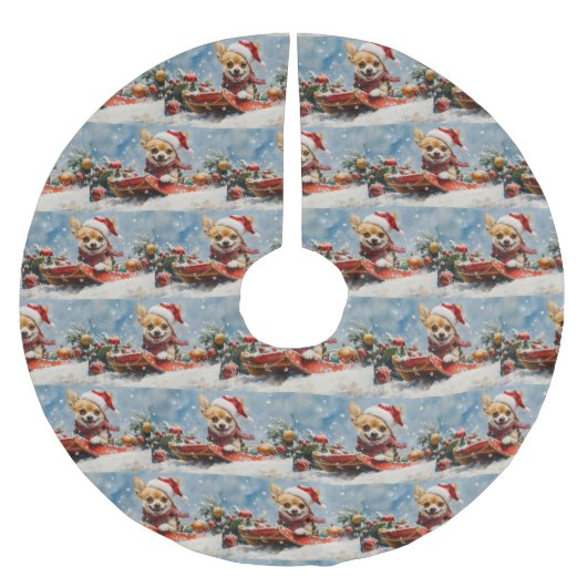 雪のクリスマスを許可するそりにチワホアドッグ ブラッシュドポリエステルツリースカート (正面)