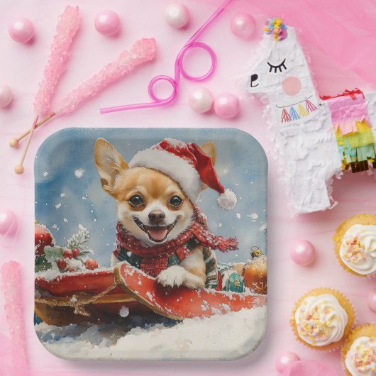 雪のクリスマスを許可するそりにチワホアドッグ ペーパープレート (パーティー)