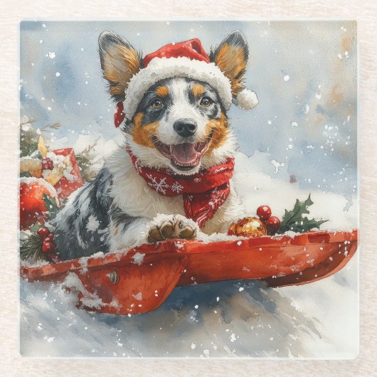 雪のクリスマスを許可するそりのオーストラリアの牛 ガラスコースター (正面)