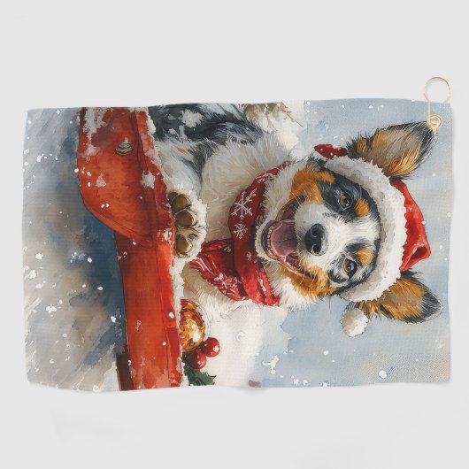 雪のクリスマスを許可するそりのオーストラリアの牛 ゴルフタオル (横)