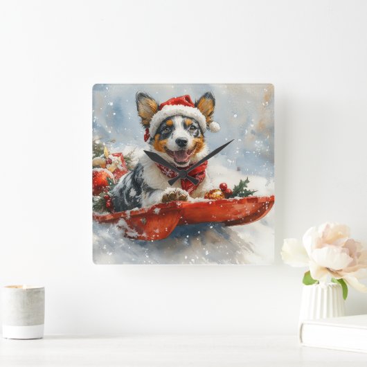 雪のクリスマスを許可するそりのオーストラリアの牛 スクエア壁時計 (ホーム)