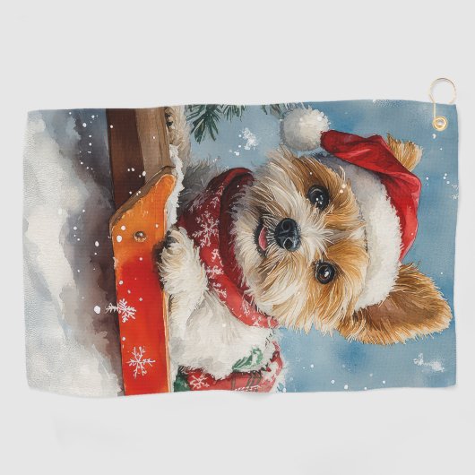 雪のクリスマスを許可するスレッジのバイワーテリア犬 ゴルフタオル (横)