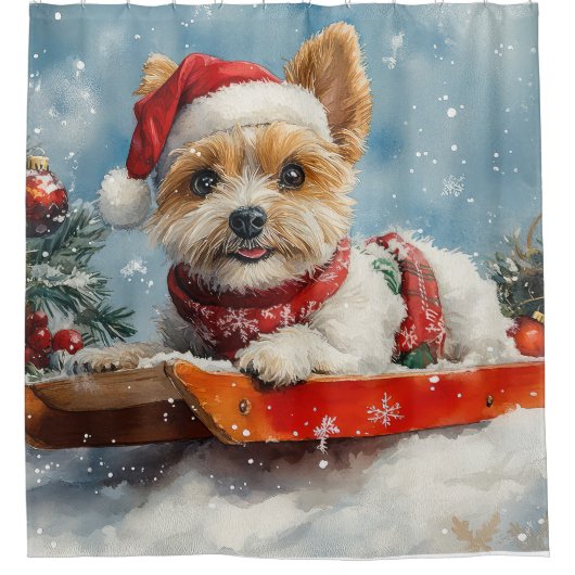 雪のクリスマスを許可するスレッジのバイワーテリア犬 シャワーカーテン (正面)