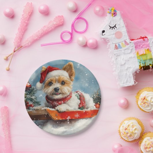 雪のクリスマスを許可するスレッジのバイワーテリア犬 ペーパープレート (パーティー)