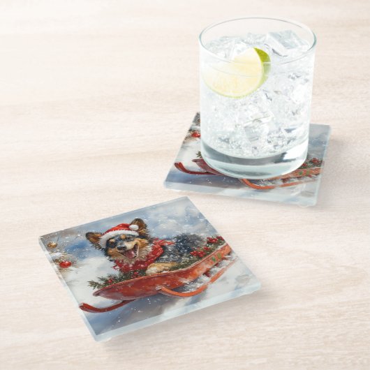 雪のクリスマスを許可するスロッジのベルギーシェパード ガラスコースター (アングル)