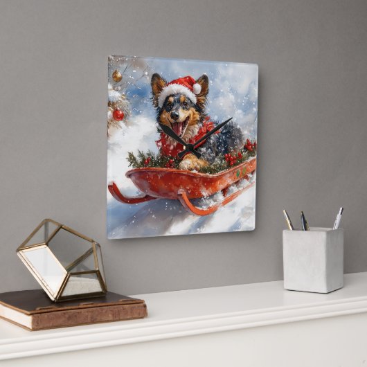 雪のクリスマスを許可するスロッジのベルギーシェパード スクエア壁時計 (オフィス)