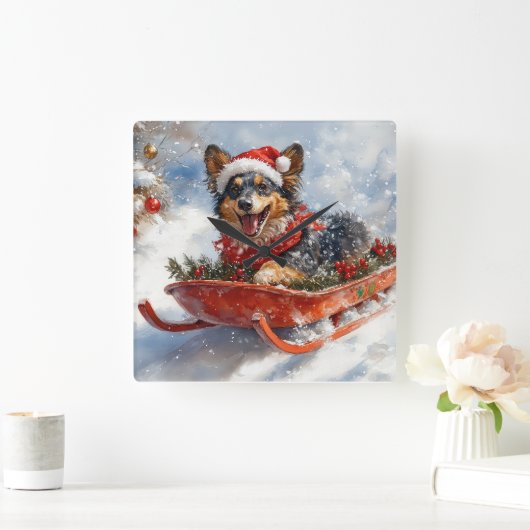 雪のクリスマスを許可するスロッジのベルギーシェパード スクエア壁時計 (ホーム)