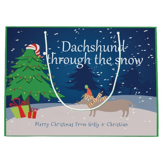 雪のクリスマスを通してダックスシュントパーソナライズされた ラージペーパーバッグ (正面)