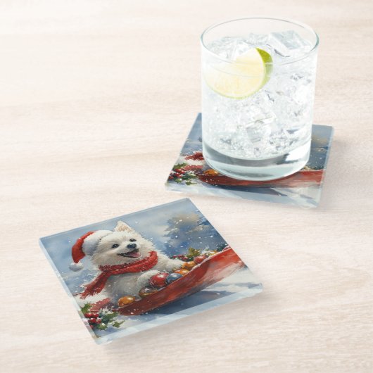 雪のクリスマスを過ごすスレッジのアメリカのエスキモ ガラスコースター (アングル)