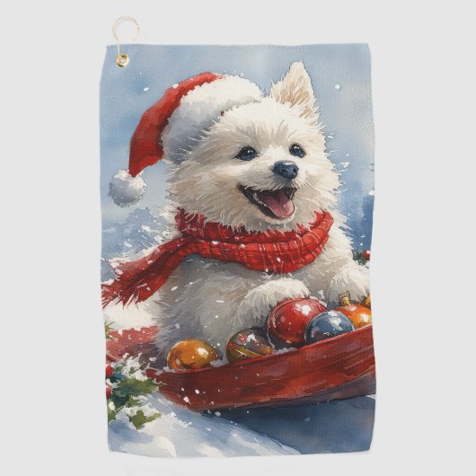 雪のクリスマスを過ごすスレッジのアメリカのエスキモ ゴルフタオル (正面)