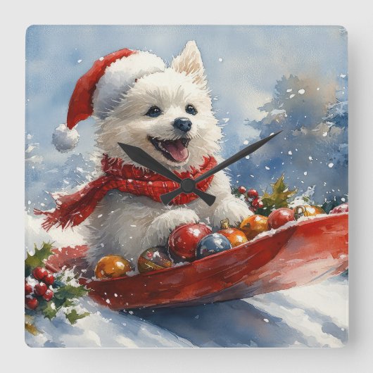 雪のクリスマスを過ごすスレッジのアメリカのエスキモ スクエア壁時計 (正面)