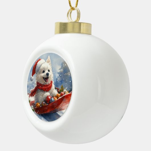 雪のクリスマスを過ごすスレッジのアメリカのエスキモ セラミックボールオーナメント (右)