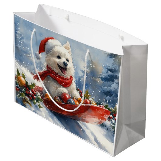雪のクリスマスを過ごすスレッジのアメリカのエスキモ ラージペーパーバッグ (裏面アングル)