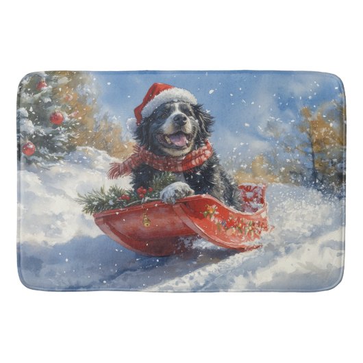 雪のクリスマスを過ごすスロッジのニューファンドランド犬 バスマット (正面)