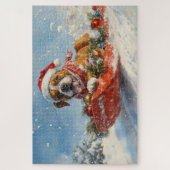 雪のクリスマスを過ごすソリに包まれたボクサー犬 ジグソーパズル (縦)