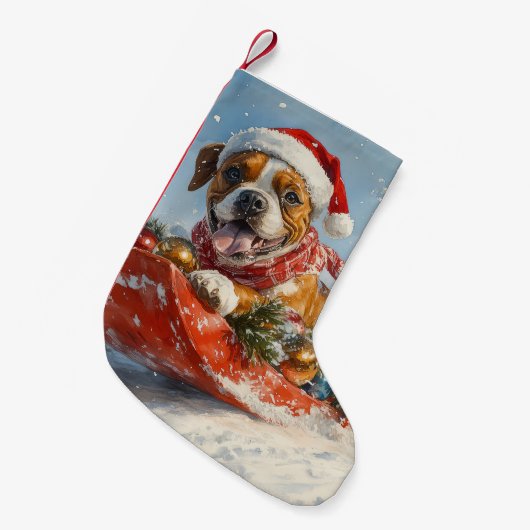 雪のクリスマスを過ごすソリに包まれたボクサー犬 スモールクリスマスストッキング (正面 (吊り時))