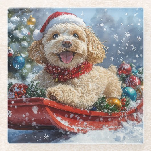 雪のクリスマスを過ごすソリのコックパウドッグ ガラスコースター (正面)