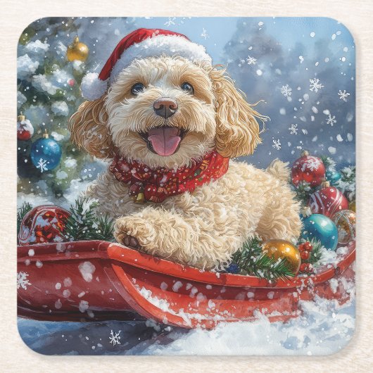 雪のクリスマスを過ごすソリのコックパウドッグ スクエアペーパーコースター (正面)