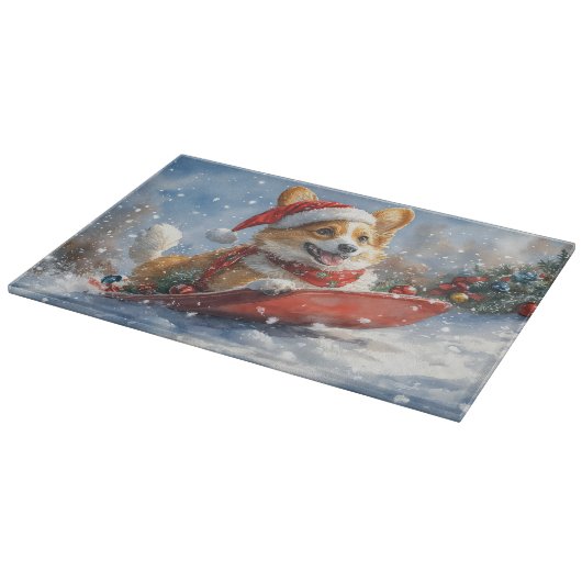 雪のクリスマスを過ごすソリのコルギ犬 カッティングボード (角)
