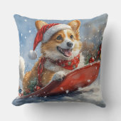 雪のクリスマスを過ごすソリのコルギ犬 クッション (正面)