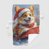 雪のクリスマスを過ごすソリのコルギ犬 ゴルフタオル (インサイチュ)