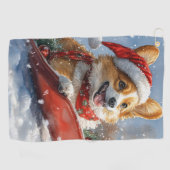 雪のクリスマスを過ごすソリのコルギ犬 ゴルフタオル (横)