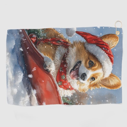 雪のクリスマスを過ごすソリのコルギ犬 ゴルフタオル (横)
