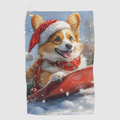 雪のクリスマスを過ごすソリのコルギ犬 ゴルフタオル (正面)