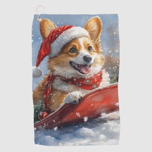 雪のクリスマスを過ごすソリのコルギ犬 ゴルフタオル (正面)