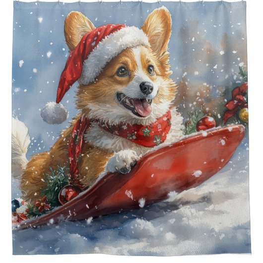 雪のクリスマスを過ごすソリのコルギ犬 シャワーカーテン (正面)