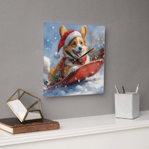 雪のクリスマスを過ごすソリのコルギ犬 スクエア壁時計