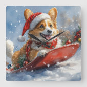 雪のクリスマスを過ごすソリのコルギ犬 スクエア壁時計 (正面)