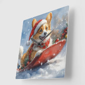 雪のクリスマスを過ごすソリのコルギ犬 スクエア壁時計 (傾斜)