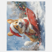 雪のクリスマスを過ごすソリのコルギ犬 フリースブランケット (正面)