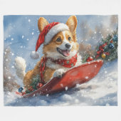 雪のクリスマスを過ごすソリのコルギ犬 フリースブランケット (正面(横))
