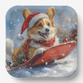 雪のクリスマスを過ごすソリのコルギ犬 ペーパープレート (正面)