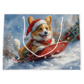 雪のクリスマスを過ごすソリのコルギ犬 ラージペーパーバッグ (正面)