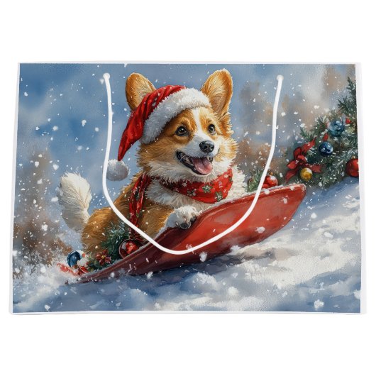 雪のクリスマスを過ごすソリのコルギ犬 ラージペーパーバッグ (正面)